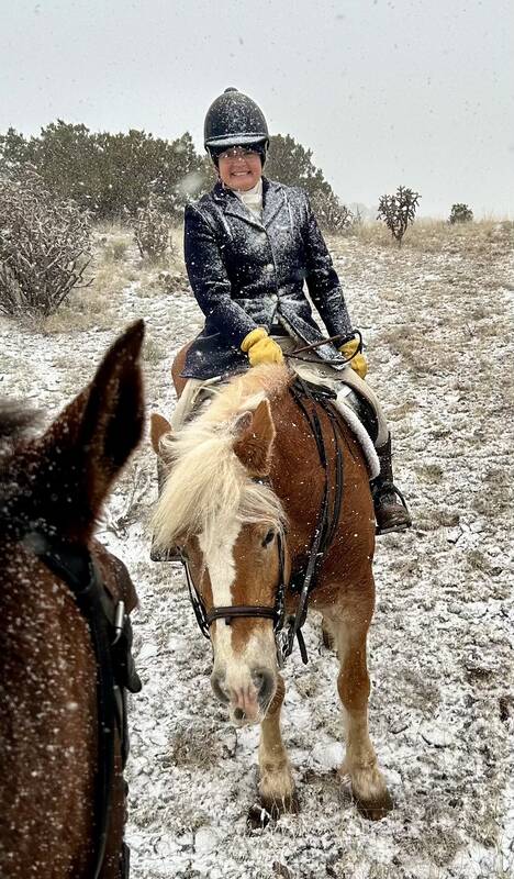 Woman in hunt attire on horse with snow coming down