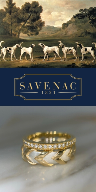 painting of hounds above Savenac logo with braided gold and silver rein ring with diamonds