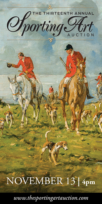 painting of two huntsmen in red coats one tipping hat with hounds around and field of riders behind