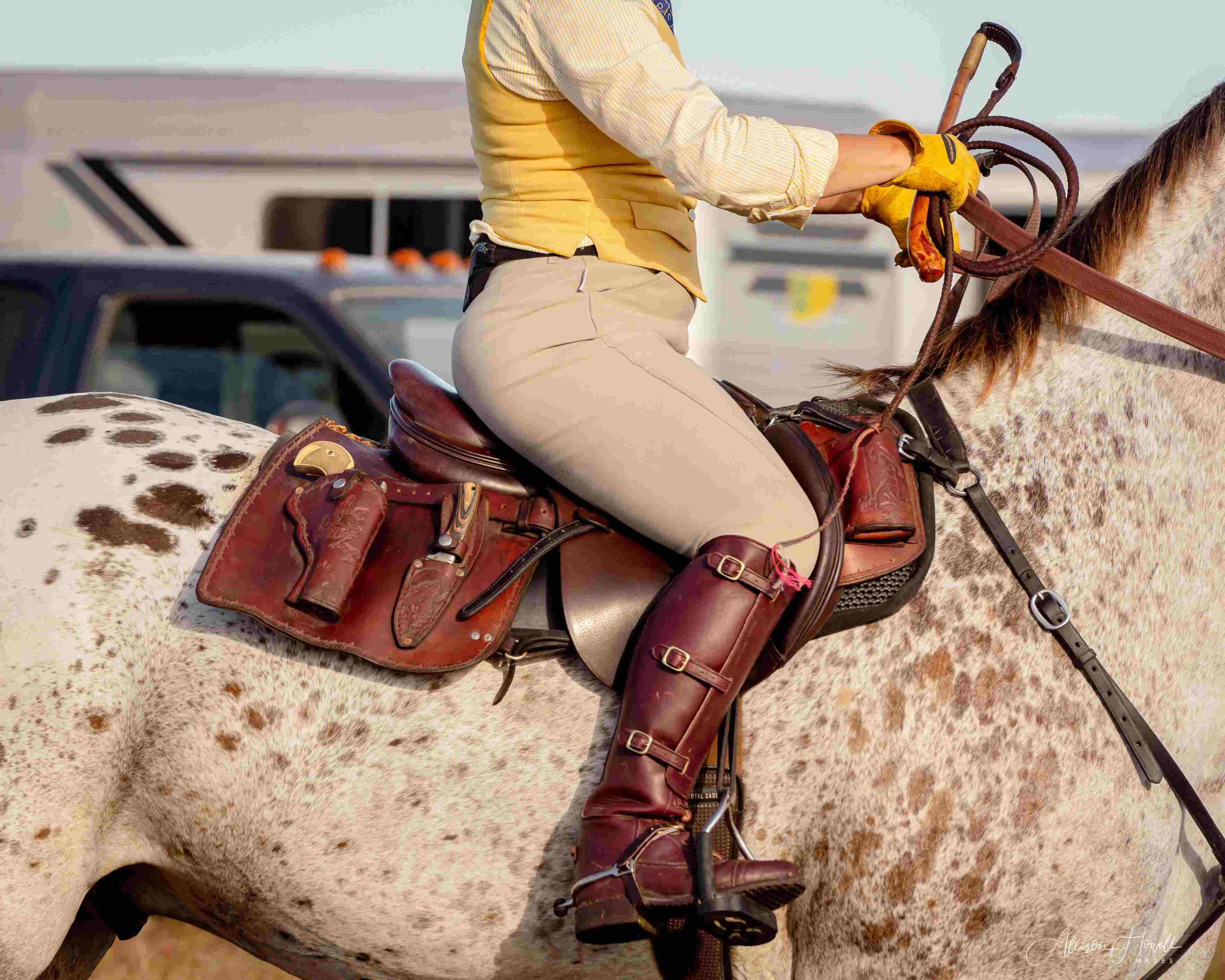 rider with hunting tack fittings on appaloosa horse