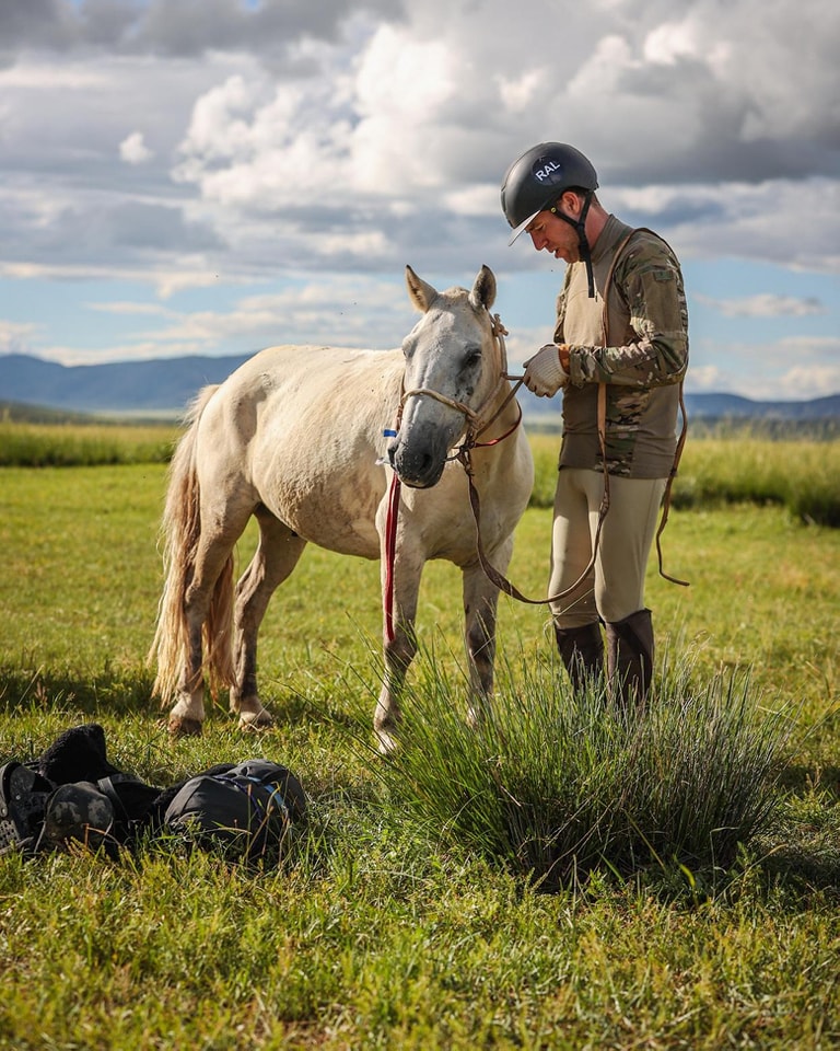 Reid Albano saddling up his draw in the 2023 Mongol Derby. Photo provided by the Mongol Derby.