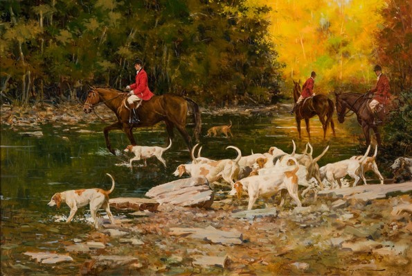 Painting of huntsman and hounds crossing rocky creek sunset in background