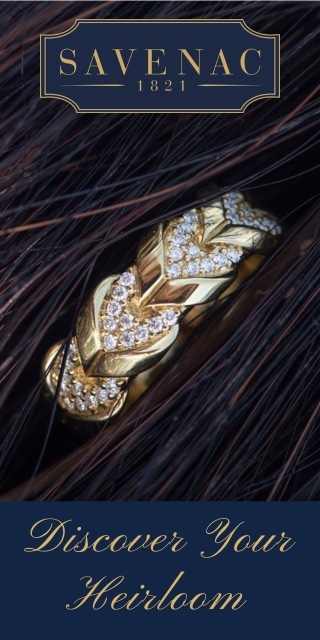 gold ring with rein braid design and diamonds on a horse hair background