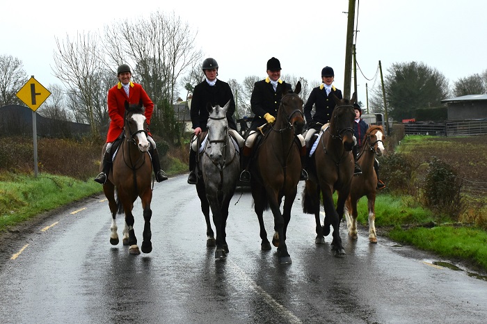 East Galway Foxhounds whipper in Neville Horsman Daniel McAlinden masters Niall Earls and Olive Broderick and her son Joshua at the meet from McDonaghs Pub in Tynagh